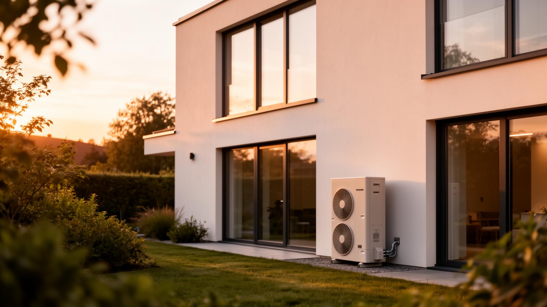 Modernes Wohnhaus mit Wärmepumpe im warmen Abendlicht in der Region Augsburg